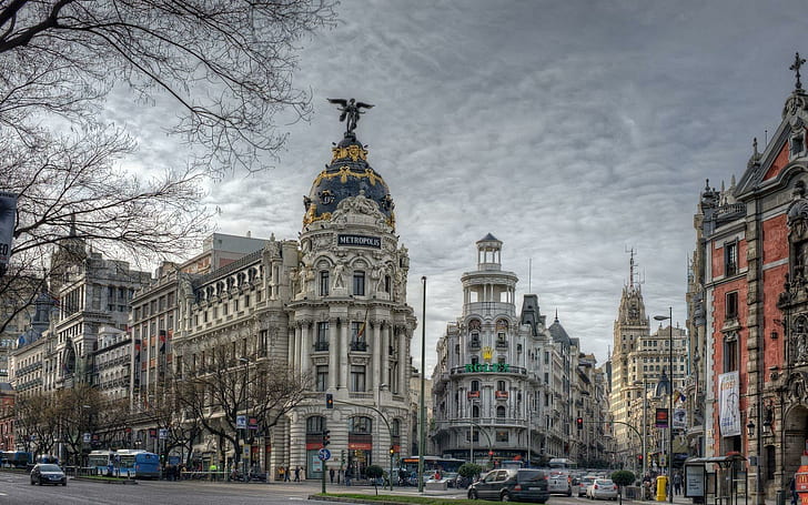Madrid Hdr, street, madrid, city, cars, animals, HD wallpaper