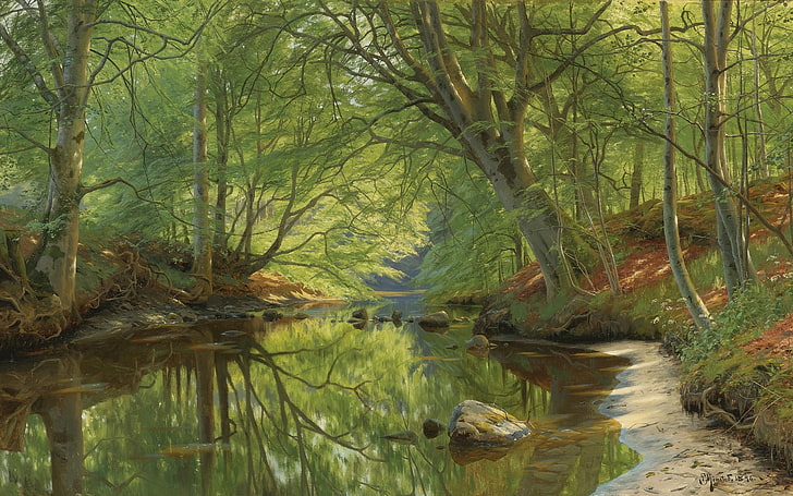 1896, pintor danés, Forest stream, Peter Merk Of Menstad, Peder Mørk Mønsted, pintor realista danés, Fondo de pantalla HD