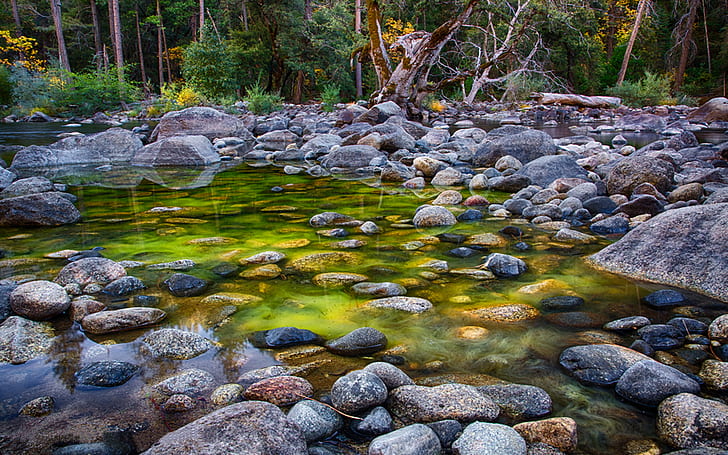 نهر ميرسيد طقس صيفي حديقة يوسمايت الوطنية كاليفورنيا الولايات المتحدة الأمريكية أحجار مجرى النهر مناظر طبيعية عالية الدقة خلفية سطح المكتب 1920 × 1200، خلفية HD