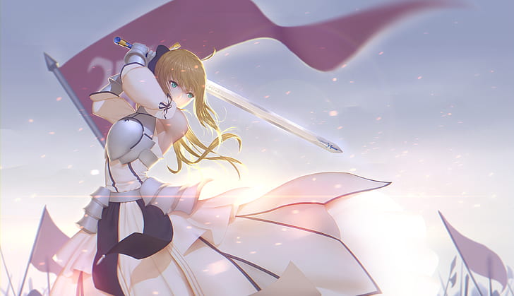 Saber, Fate Series, Saber Lily, anime girls, anime, Fate/Stay Night, sword, long hair, armor, fantasy girl, HD wallpaper
