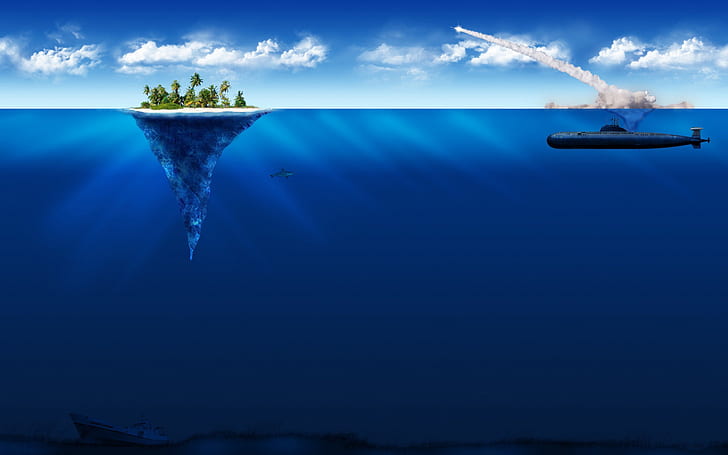 Морская война, серая подводная лодка и зеленый остров, HD обои