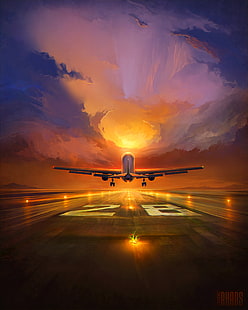 avião, pista, arte, pôr do sol, céu, HD papel de parede HD wallpaper
