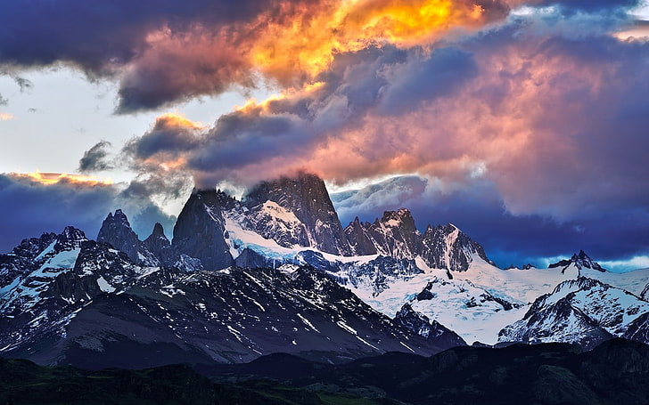 alam, pemandangan, pegunungan, matahari terbenam, awan, puncak bersalju, langit, Wallpaper HD