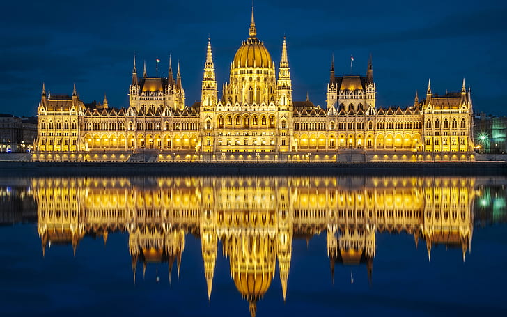 Здание венгерского парламента в Будапеште. Отражение ночной фотографии 4k Ultra Hd Обои для рабочего стола 3840х2400, HD обои