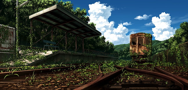 Аниме, оригинал, изоставен, облак, природа, железопътна линия, небе, влак, жп гара, дърво, HD тапет HD wallpaper