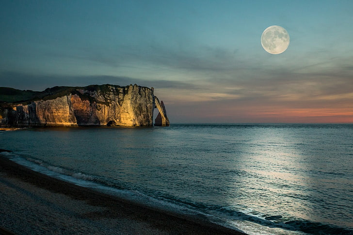 sea and cliff, Moon, beach, HD wallpaper