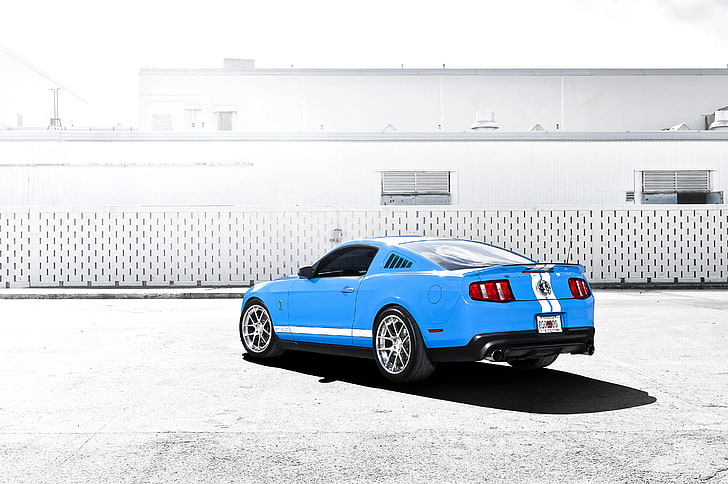 blue Ford Mustang coupe, blue, Mustang, Ford, Shelby, GT500, muscle car, the rear part, racing stripes, HD wallpaper