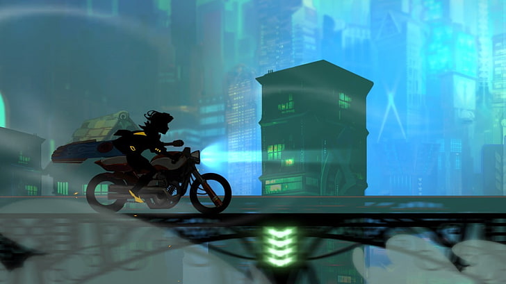 жена езда мотоциклет илюстрация, транзистор, червено (транзистор), червено, транзистори, мотоциклет, ветроходен кораб, певец, меч, червенокоса, жълта, жълта рокля, градски пейзаж, град, мост, черно, сянка, HD тапет