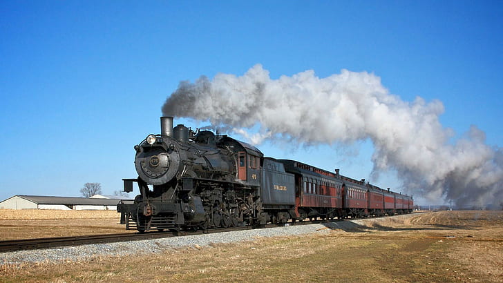 蒸気機関車、黒と茶色の排気列車、輸送、列車、旅行、蒸気、自然と風景、 HDデスクトップの壁紙