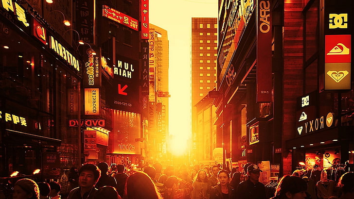 stad, orange, fotgängare, Seoul, Sydkorea, gata, solljus, solnedgång, HD tapet