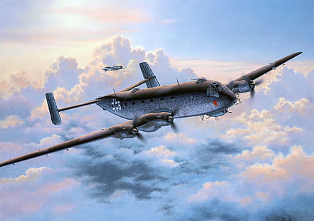 o céu, figura, arte, mar, alemão, WW2, agora, avião espião / bombardeiro, Junkers Ju.290, Junkers, Ju-290, HD papel de parede HD wallpaper