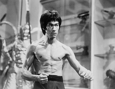 Bruce Lee, zdjęcie, ciało, aktor, legenda, Bruce Lee, czarno-biała tapeta, szara, Tapety HD HD wallpaper