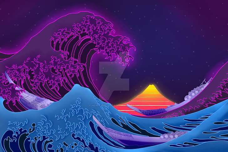 vaporwave, synthwave, neon, The Great Wave off Kanagawa, Sun, arte de falha, Retrowave, HD papel de parede