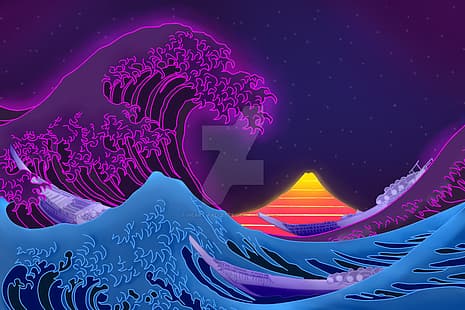  vaporwave, synthwave, neon, The Great Wave off Kanagawa, Sun, glitch art, Retrowave, HD wallpaper HD wallpaper