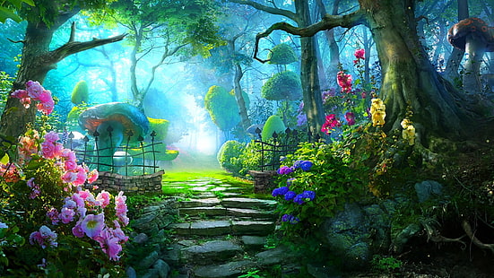 flores de pétalos de colores variados junto a árboles y animación de senderos, jardín, tierra de los sueños, sueños, hongos, flores, cola, cola de hadas, Fondo de pantalla HD HD wallpaper