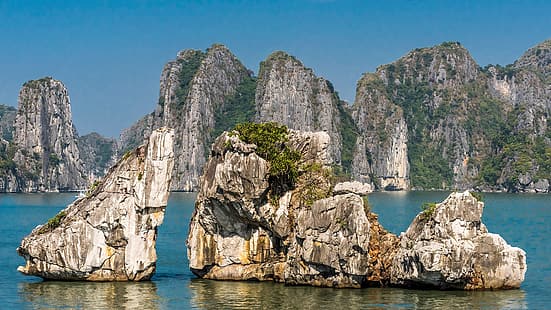 natur, landskap, stenar, berg, hav, kalksten, vik, Ha Long Bay, Vietnam, HD tapet HD wallpaper
