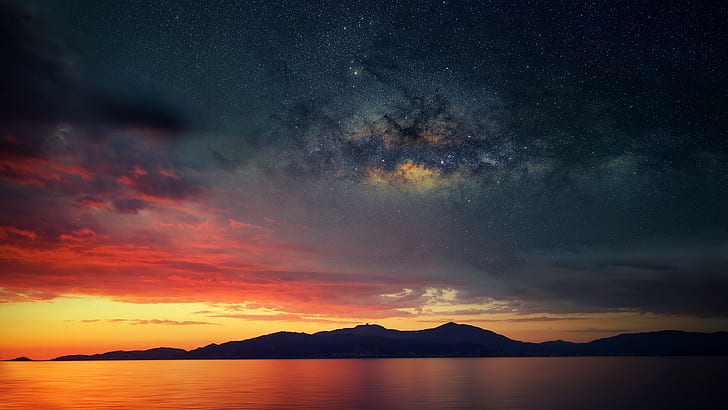 France, Corsica, clouds, stars, reflection, France, dusk, silhouette, mirror, the Milky Way, sea, Corsica, HD wallpaper