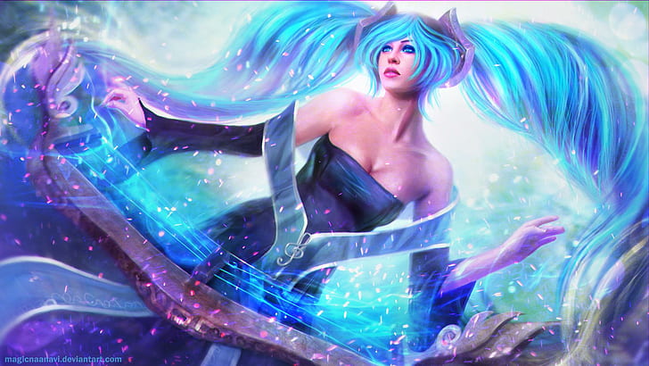 Sona League of Legends, personnage féminin avec illustration de poils bleus et violets, légendes, sona, ligue, Fond d'écran HD
