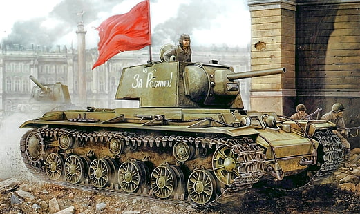 обои боевой танк и солдаты, город, улица, рисунок, арт, солдаты, танки, КВ-85, ВОВ, HD обои HD wallpaper