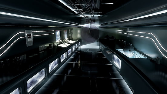 kabinet hitam dan abu-abu, futuristik, interior, stasiun ruang angkasa, render, fiksi ilmiah, Wallpaper HD HD wallpaper