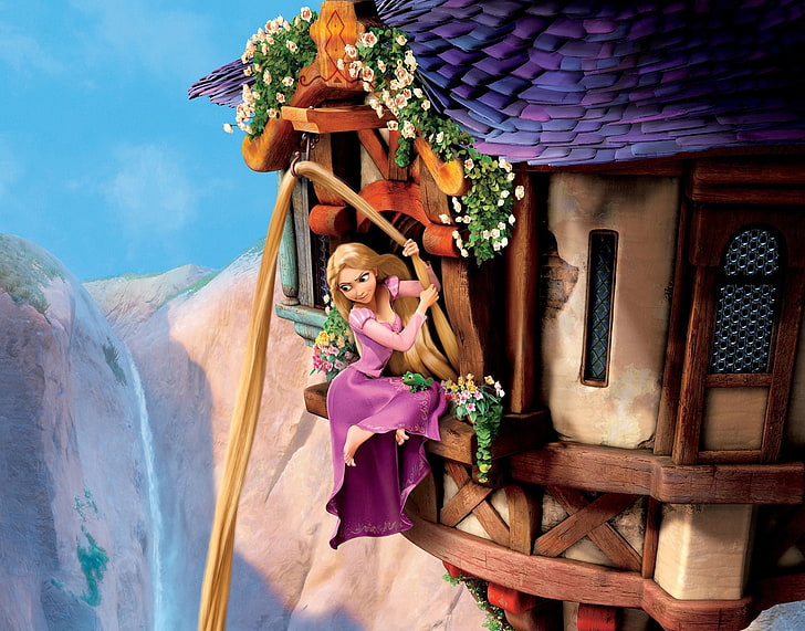 Disney Tangled цифровые обои, небо, цветы, горы, хамелеон, замок, волосы, окна, башня, Rapunzel, Princess, Tangled, Pascal, Goldilocks, сложная история, HD обои