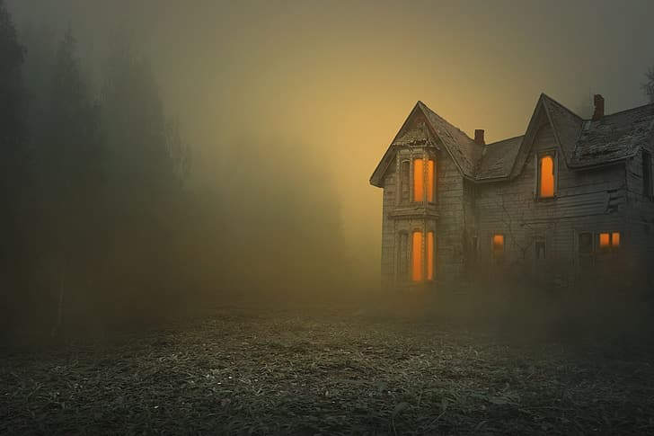 house, creepy, blue, forest, night, window, nightmare, Ghostly, haze, mist, ghost, dark, building, Gothic, old, green, sky, Halloween, horror, Moon, evil, landscape, spooky, death, sunset, nature, trees, orange, HD wallpaper
