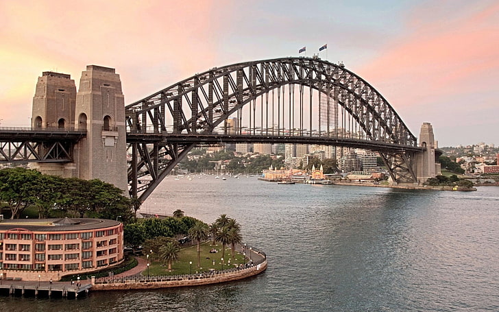 Sydney Harbour Bridge Sunset, black and gray concrete and metal bridge, Cityscapes, Sydney, cityscape, city, bridge, HD wallpaper