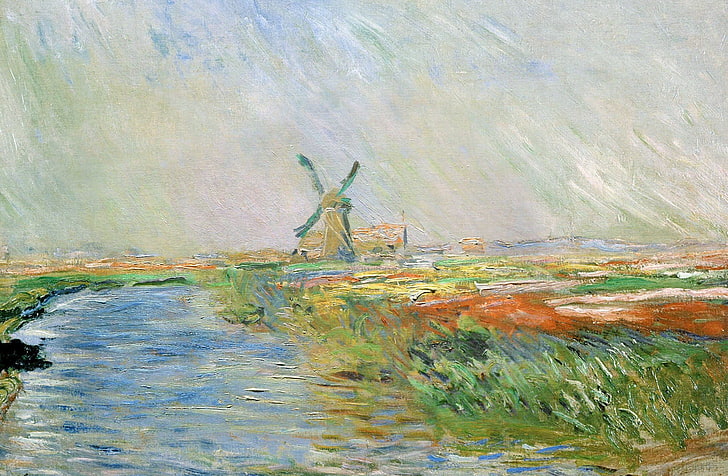 paisagem, rio, imagens, canal, Claude Monet, moinho de vento, campo de tulipas na Holanda, HD papel de parede