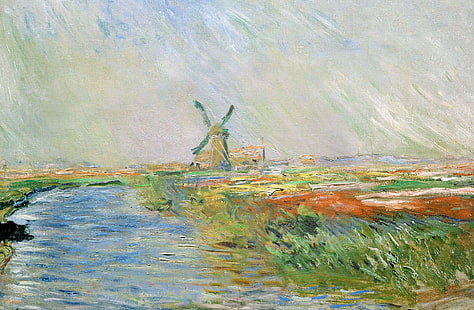 пейзаж, река, картина, канал, Клод Моне, ветряная мельница, Поле тюльпанов в Голландии, HD обои HD wallpaper
