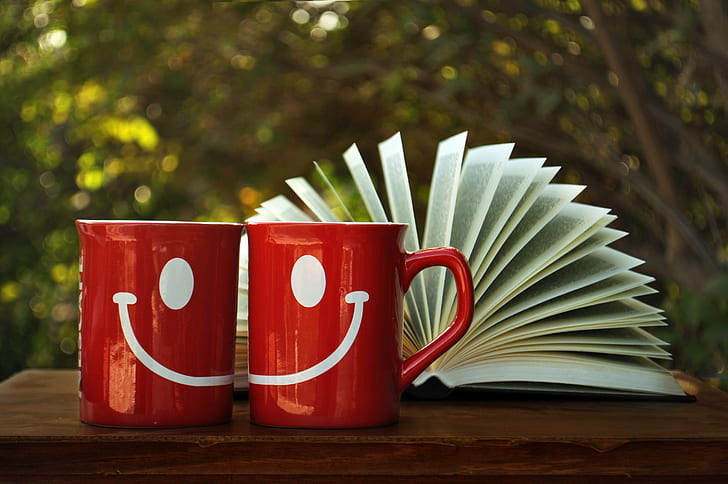 bokeh, książka, kawa, filiżanka, rysunek, nastrój, czerwony, uśmiech, Tapety HD
