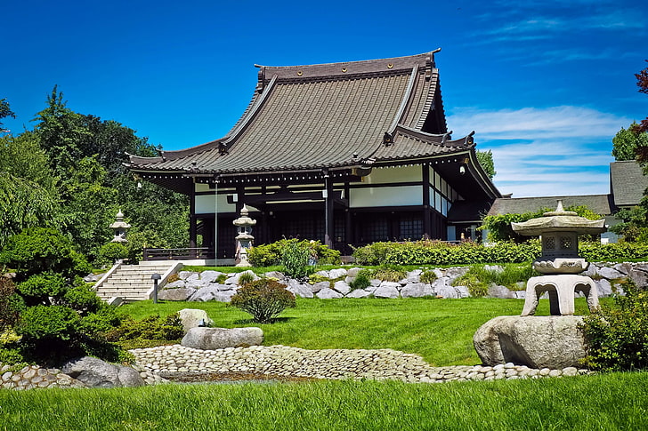 architektura, Azja, budynek, kultura, ek home, ogród, trawa, dom, Japonia, ogród japoński, krajobraz, trawnik, wypielęgnowany trawnik, na dworze, park, shinto, świątynia, lato, świątynia, tradycyjny, podróż, drewno, Tapety HD
