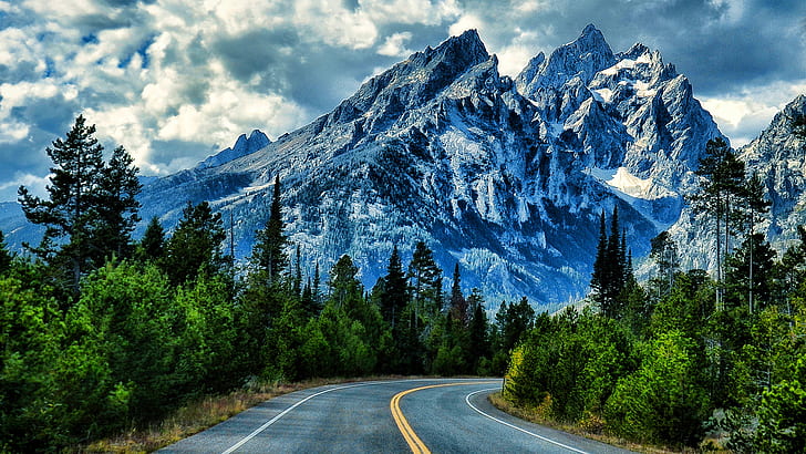 Snowy Mountain Landscape Road Национален парк Grand Teton в Северозападен Уайоминг Wallpaper Hd 2048 × 1152, HD тапет