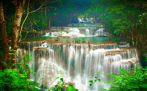 Trópicos-cascata-cachoeiras-árvores-verdes-Huay-Maekamin-cachoeira-Kanchanaburi-cachoeira-Tailândia-natureza-Wallpaper-HD-3840 × 2400, HD papel de parede HD wallpaper