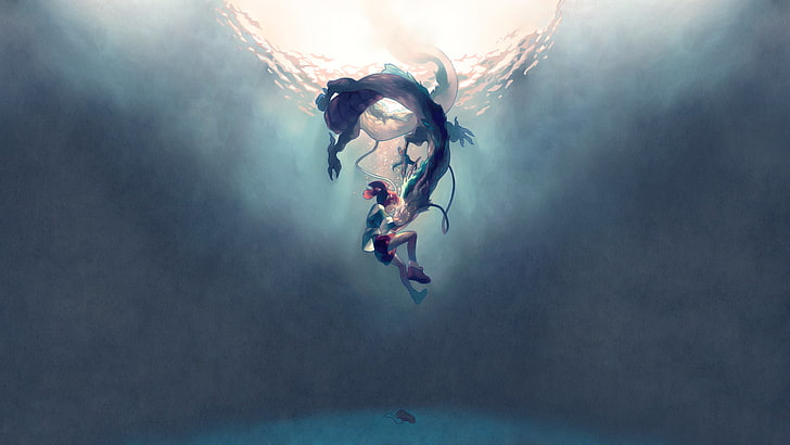синя илюстрация на подводно същество, аниме, аниме момичета, къса коса, червенокоса, под вода, Studio Ghibli, Spirited Away, дракон, HD тапет