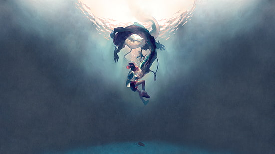 иллюстрация подводного существа синего цвета, аниме, аниме девушки, короткие волосы, рыжий, под водой, Studio Ghibli, Spirited Away, дракон, HD обои HD wallpaper