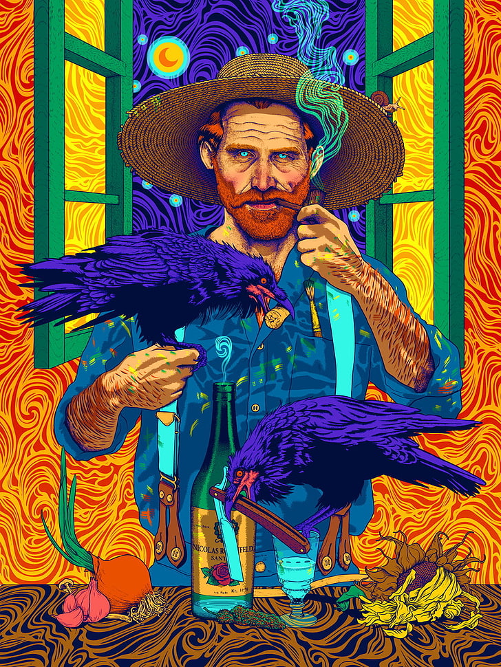Vincent van Gogh, smoking, colorful, abstract, crow, paint brushes, sunflowers, psychedelic, HD wallpaper