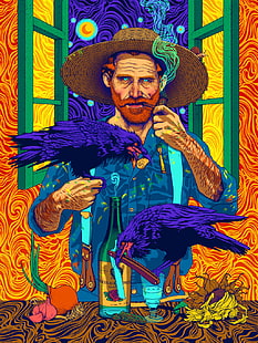 Vincent van Gogh, fumer, coloré, abstrait, corbeau, pinceaux, tournesols, psychédélique, Fond d'écran HD HD wallpaper