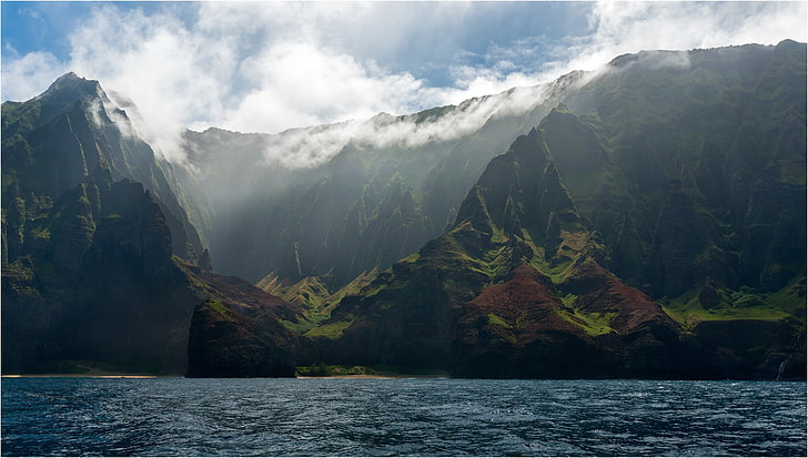 фотография, природа, пейзаж, горы, озеро, вода, облака, небо, море, скалы, Тихий океан, HD обои