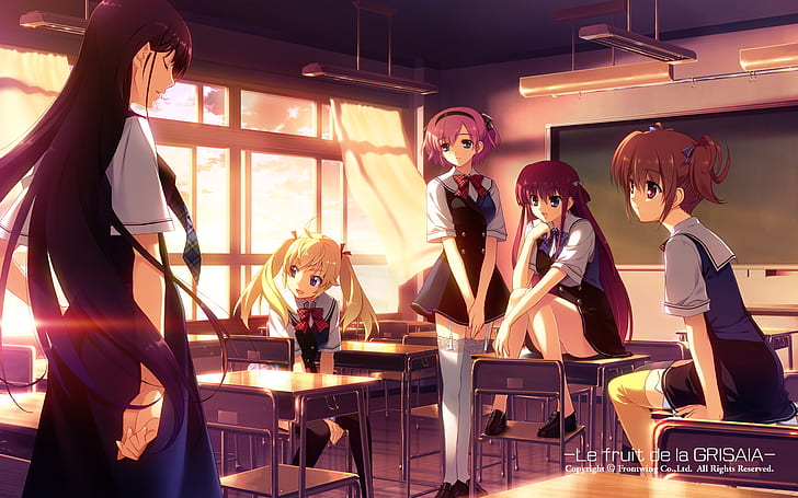 Anime, Grisaia kein Kajitsu, Matsushima Michiru, Sakaki Yumiko, Irisu Makina, Suou Amane, Komine Sachi, Klassenzimmer, HD-Hintergrundbild