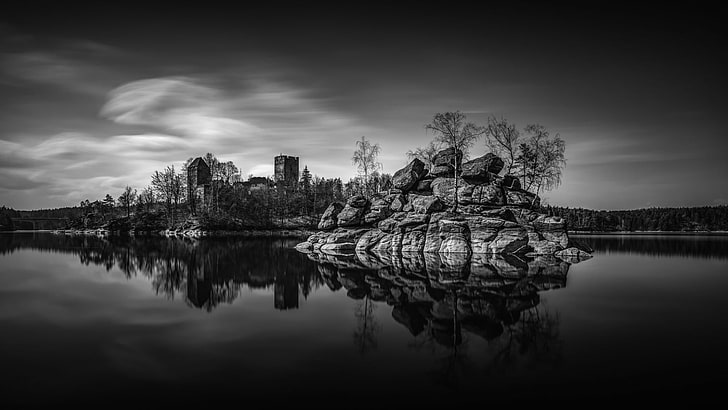 architecture, castle, ancient, tower, trees, monochrome, photography, ruin, water, clouds, forest, reflection, long exposure, stones, HD wallpaper