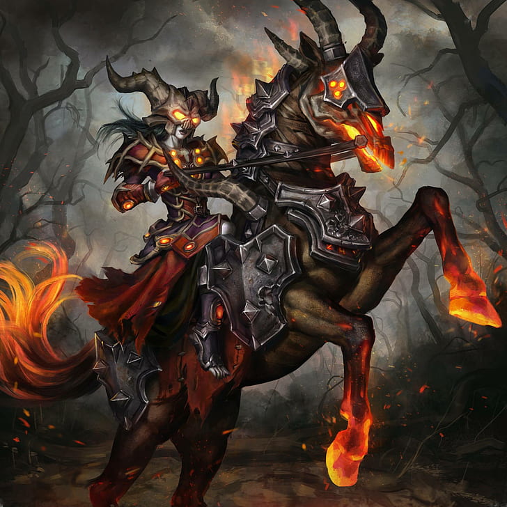 horse, undead, fire, World of Warcraft, World of Warcraft Legion, Warlock, HD wallpaper