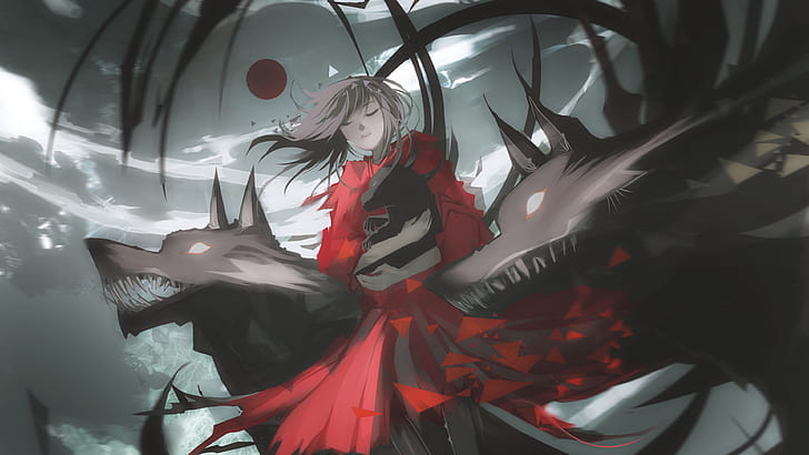 gadis anime, bulan merah, serigala, Wallpaper HD