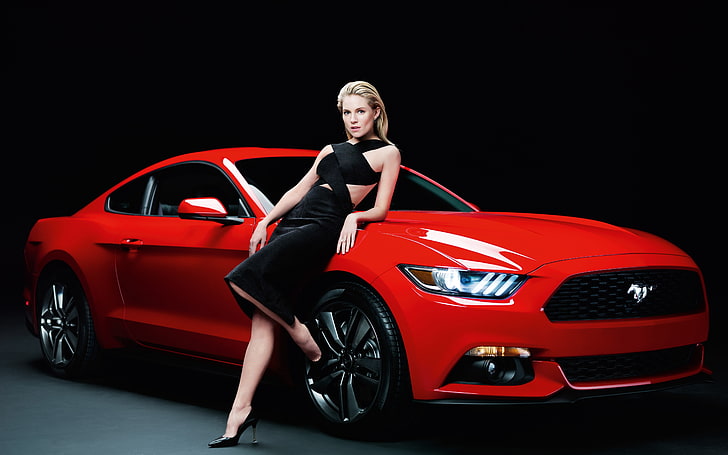 Ford Mustang GT, car, vehicle, muscle cars, Sienna Miller, actress, celebrity, women, simple background, high heels, HD wallpaper