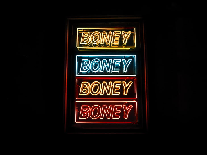 четыре неоновых вывески Boney, надпись, слова, неон, подсветка, HD обои