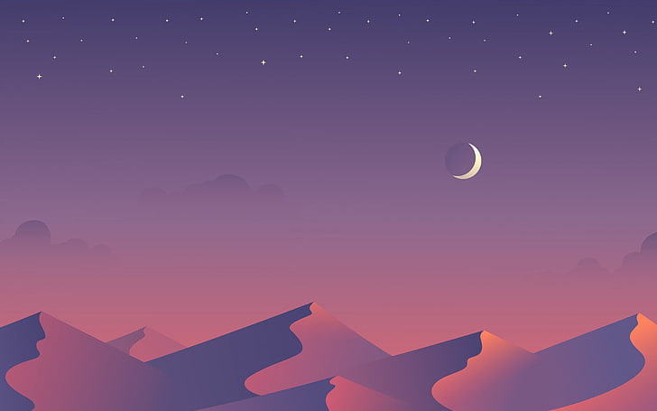 ilustrasi bulan, gurun, Bulan, bintang, malam, minimalis, bukit pasir, karya seni, Wallpaper HD