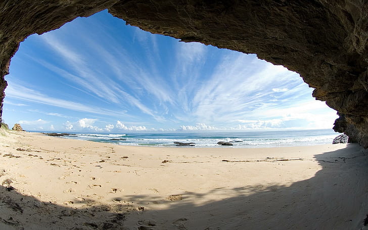 Ocean from the cave, beach scenery, beaches, 1920x1200, sand, ocean, cave, HD wallpaper