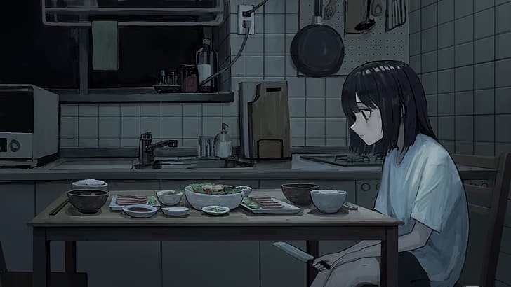 chicas anime, deprimente, comiendo, pensando, cocina, Fondo de pantalla HD