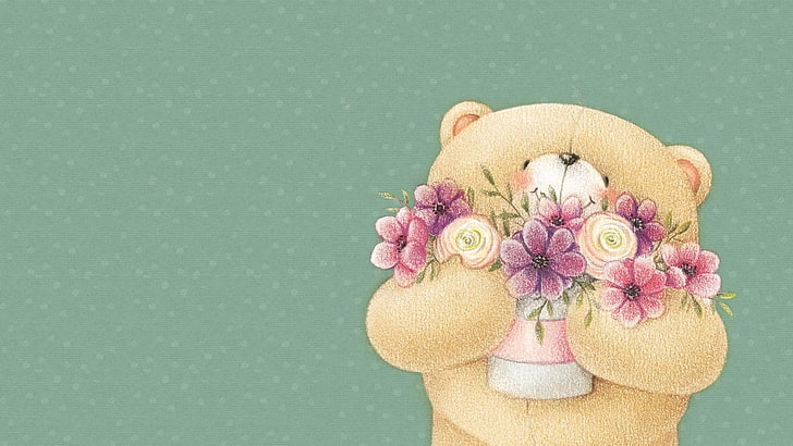 кафява мечка, носеща цветя дигитален тапет, усмивка, настроение, изкуство, мечка, куп, детска, мечка завинаги приятели, HD тапет