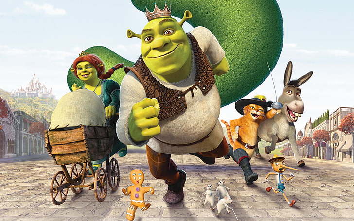 Shrek characters wallpaper, Shrek, cartoon, crown, stroller, cookie, run, Puss in Boots, Donkey, Fiona, Princess Fiona, Pinocchio, Blind Mice, Shrek The Third, HD wallpaper