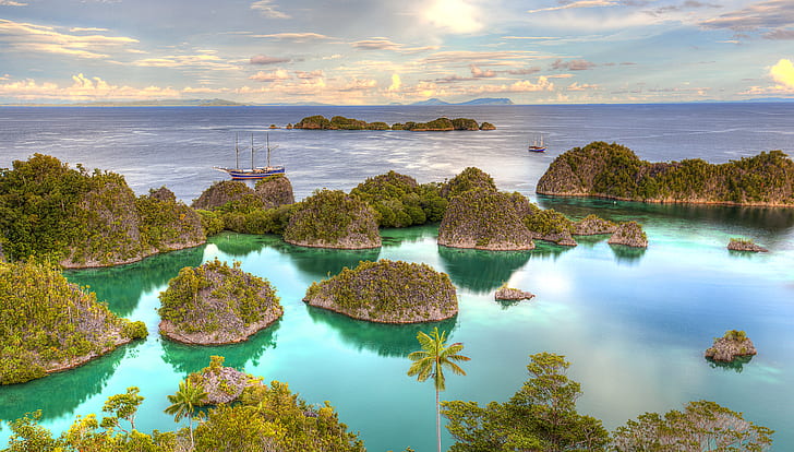 Earth, Ocean, Boat, Horizon, Indonesia, Island, Tree, Turquoise, West Papua, Yacht, HD wallpaper